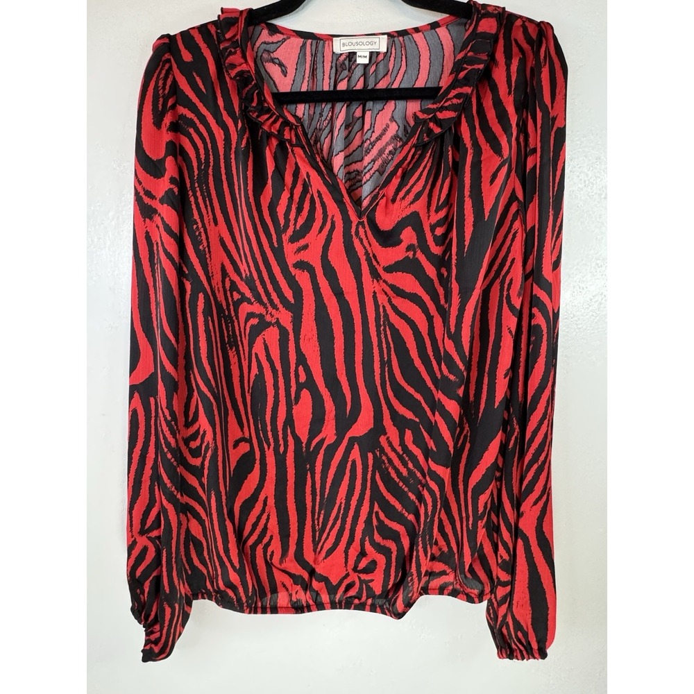 Blousology Red/Black Zebra Print Blouse Ruffled Collar Size M‎